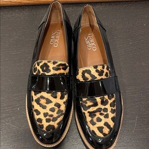 Franco Sarto Patent Black and Leopard Print Loafers